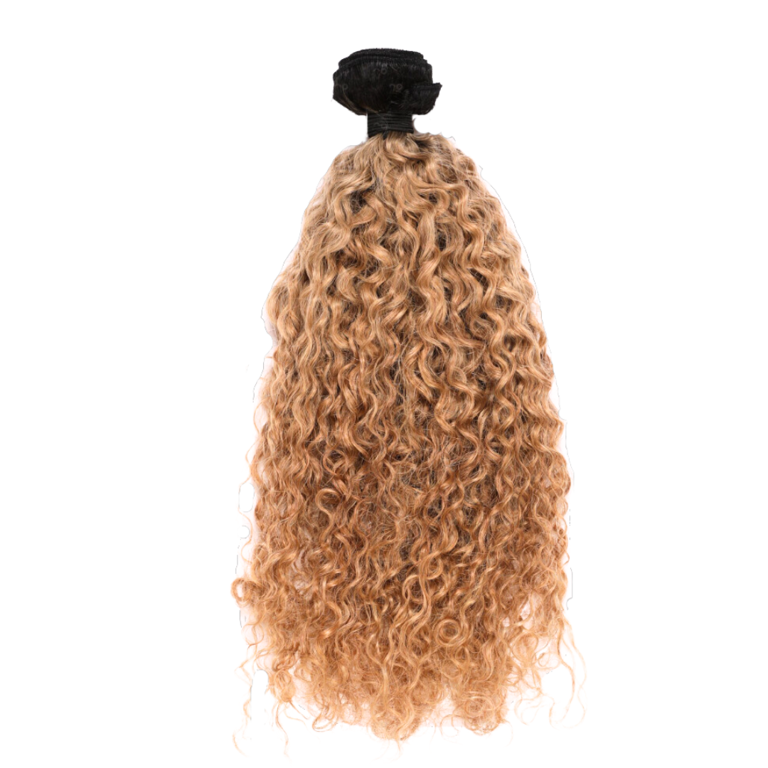 Island Curly #27 Honey Blonde Machine Weft - 18" (2inch rooted with natural black)